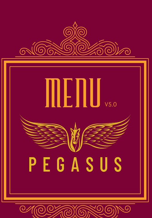 The Pegasus Menu crest — gold winged emblem on deep crimson